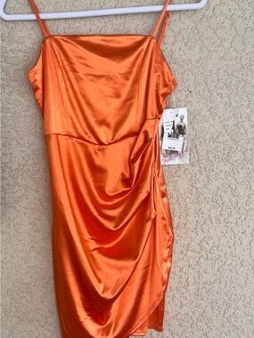 Honey and Rosie Y2K Orange Satin Ruched Mini Dress NWT